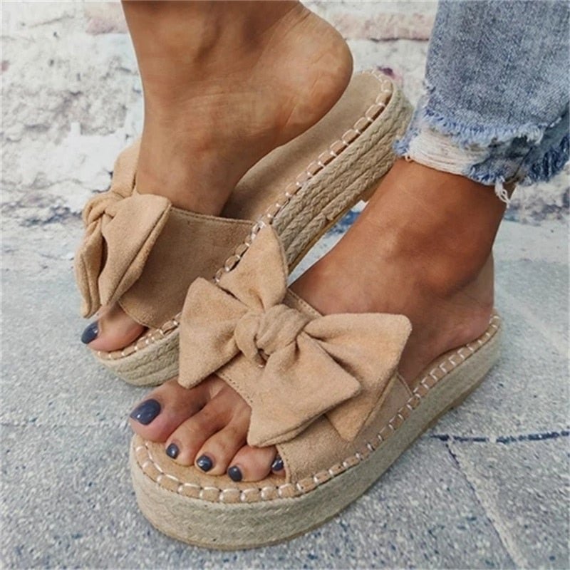 Women Bowknot Slippers 2020 Summer Casual Beach Muffin Slip on Platform Ladies Sandals Dress Party Peep Toe Female Sandals