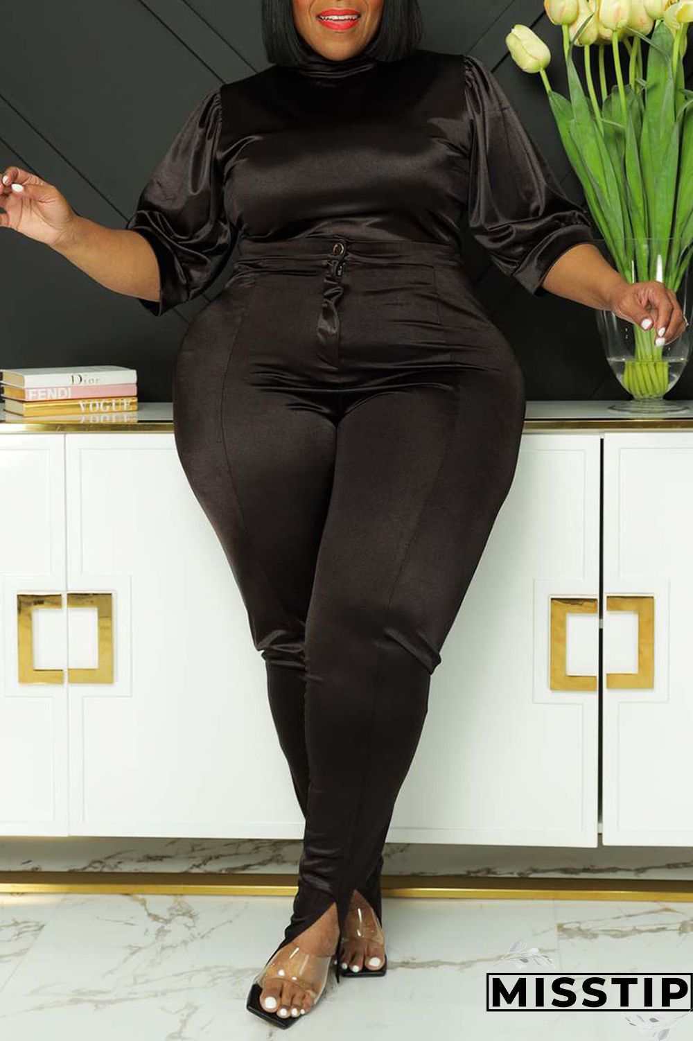 Coffee Casual Solid Patchwork Half A Turtleneck Plus Size Two Pieces