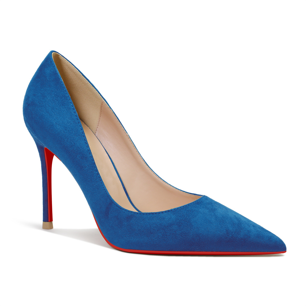 100mm Women's Stiletto Heels Classic Pointed Toe Red Bottom Pumps Suede Shoes-MERUMOTE