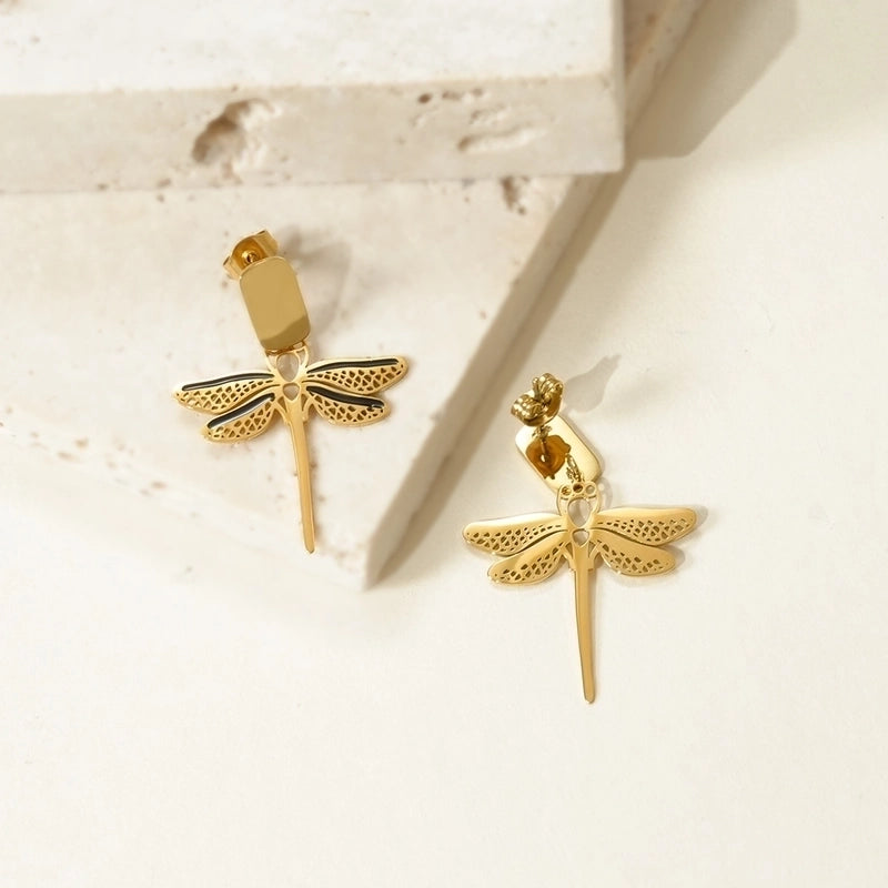 1 Pair Modern Style Classic Style Dragonfly Polishing Enamel Plating 304 Stainless Steel Drop Earrings2