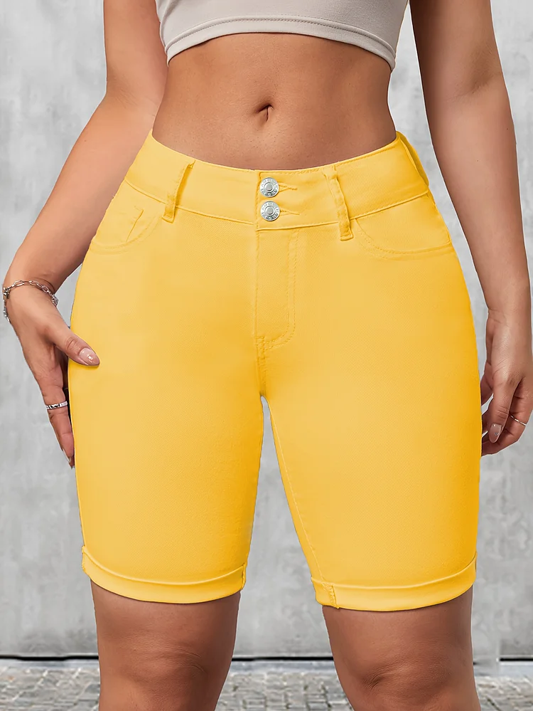 Women's Elegant Pastel Color Yellow Double-Breasted Stretchy Bermuda Knee-Length Shorts, Slim Fit With Pockets For Summer Style