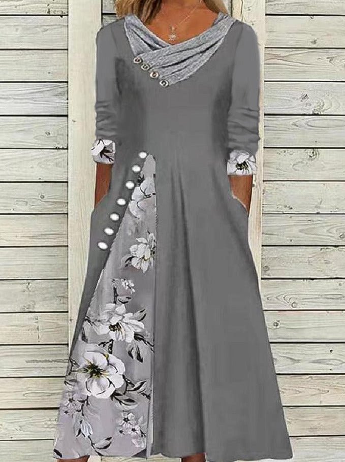 Floral Tunic V-Neckline Midi A-Line Dress