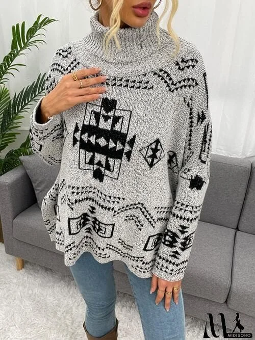 MidiSono - Geometric Turtleneck Long Sleeve Slit Sweater