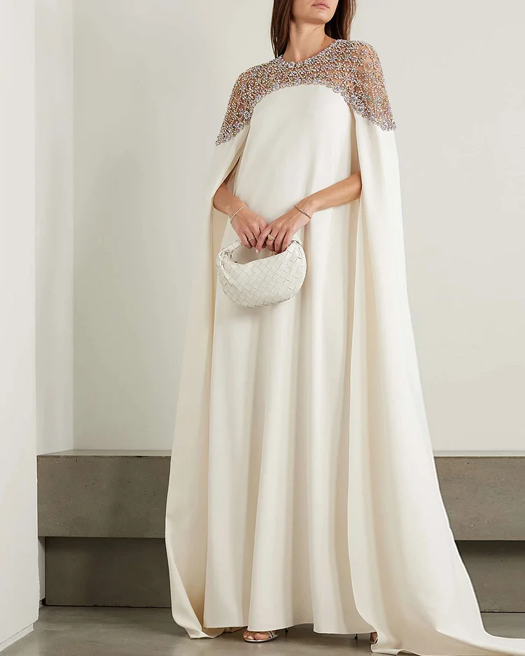 Cape-Effect Embellished Tulle-Trimmed Stretch-Silk Crepe Gown