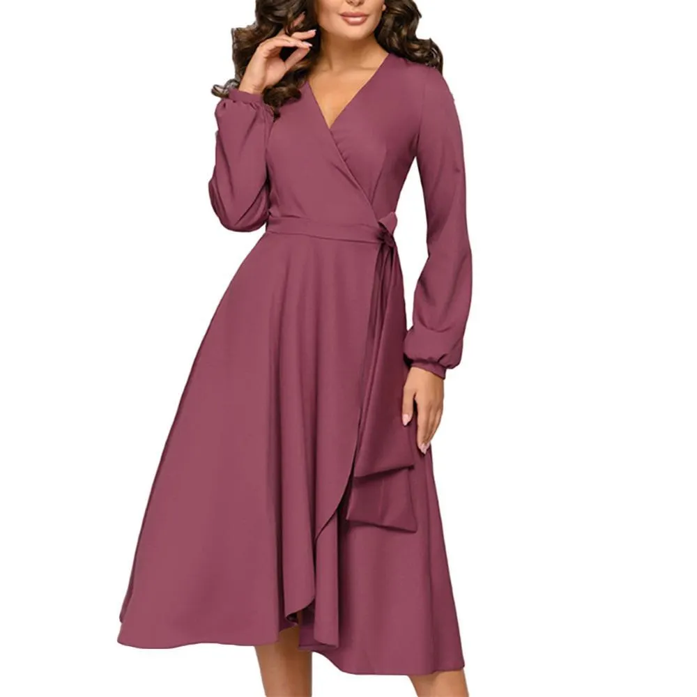 Chic Women Solid Color V Neck Long Sleeve Waist Tight Large Swing Midi Dress Suitable for Party Dance Cocktail Banquet Xmas gift