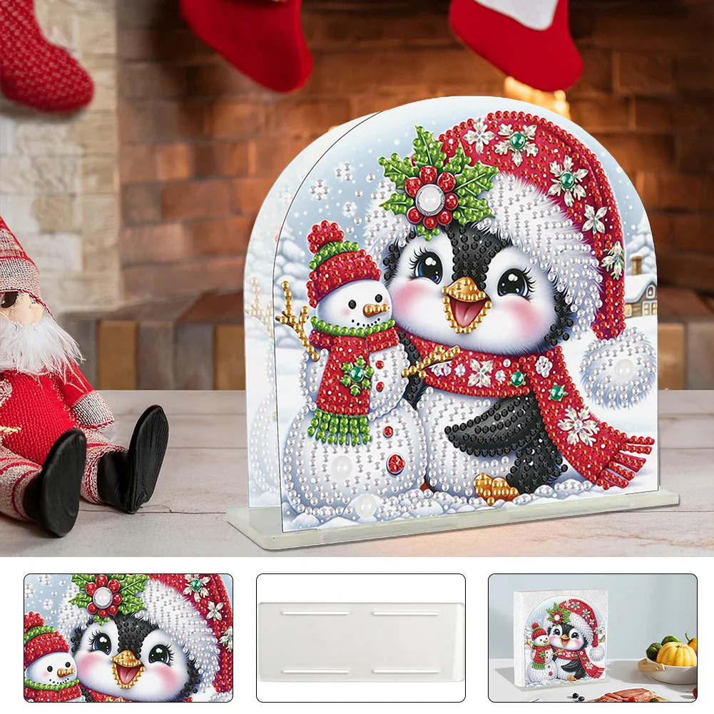5D DIY Christmas Penguin Snowman Acrylic Diamond Art Painting Napkin Holder Set