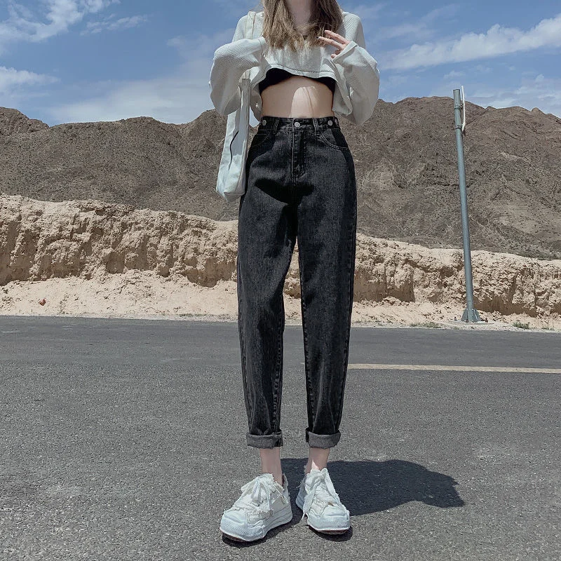 Toloer Toloer Jeans Women's Loose Straight Autumn Dress 2024 New High Waist Show Skinny Pants Black And Gray Daddy Turnip Pants-Outfit Ideas
