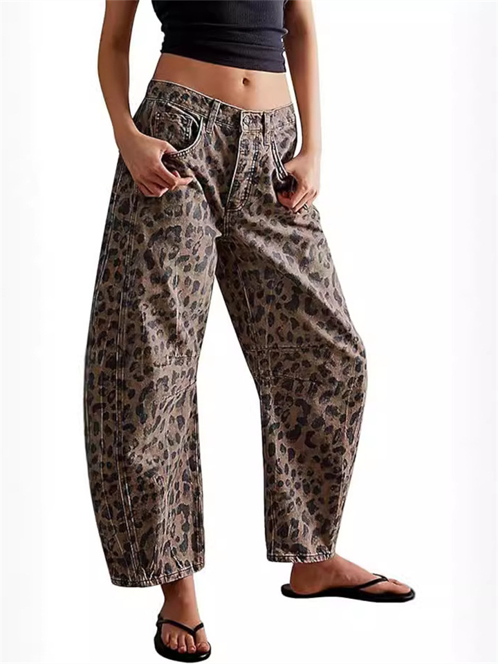 Women's Loose Fit Mid-rise Leopard Print Tube Jeans