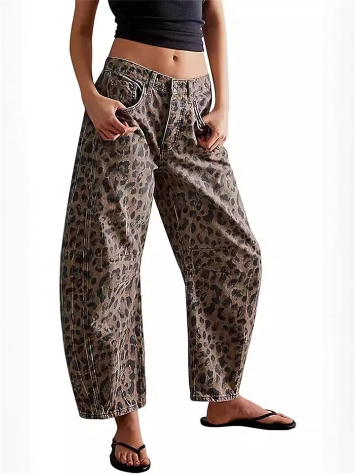 Women's Loose Fit Mid-rise Leopard Print Tube Jeans