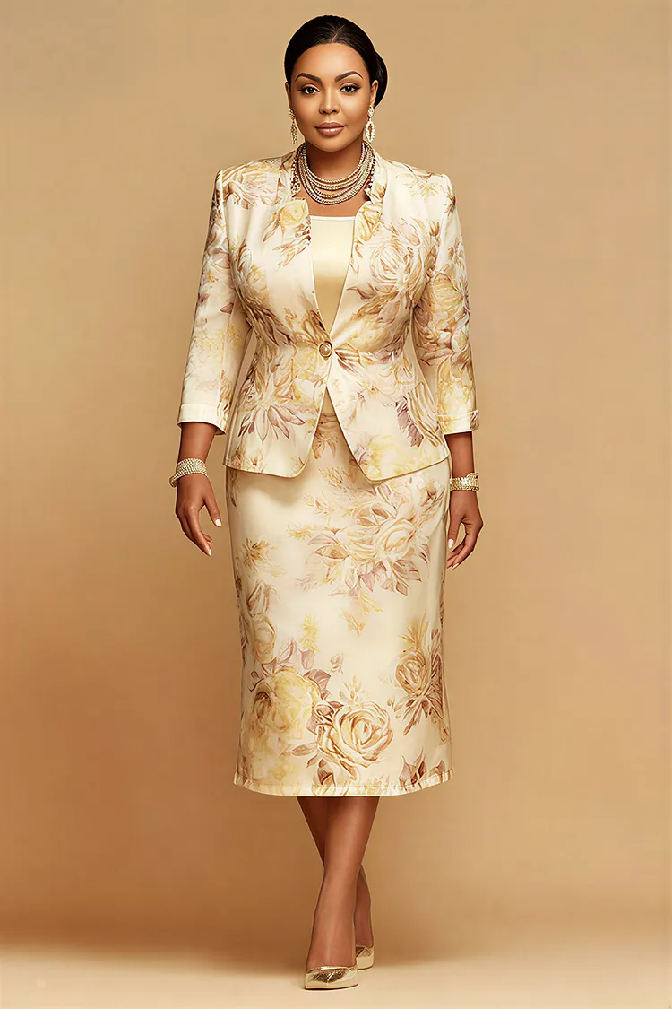 Xpluswear Design Plus Size Formal Champagne Floral Square Neck 3/4 Sleeve Split Satin Two Piece Skirt Sets [Pre-Order] 2024 - Xpluswear