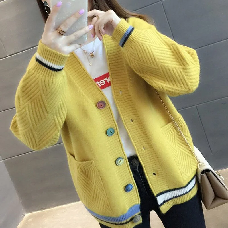 Cardigan Women Patchwork Ribbed Knitwear Soft Charm Newest Fashion Loose Pius Size 3XL Daily Lovely Preppy Style Ulzzang Sweater