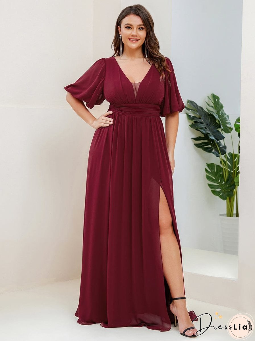 Elegant Deep V-Neck A-Line Bridesmaid Dress with Half Puff Sleeves