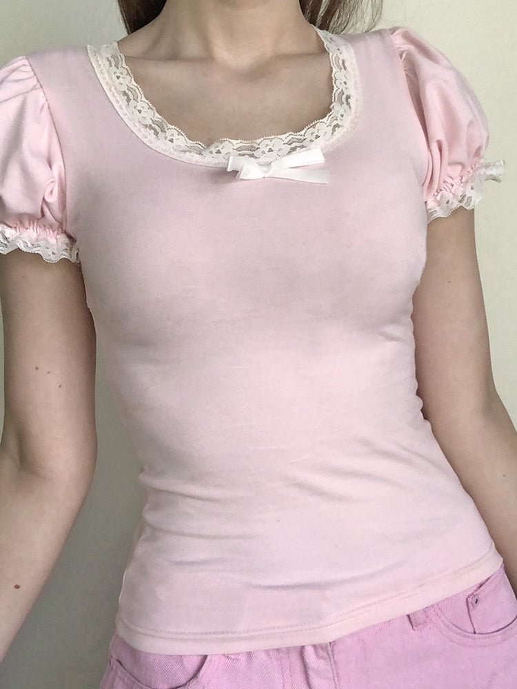 Rapcopter y2k Pink Cotton Crop Top Lace Trim Bow T Shirt Short Sleeve O Neck Prepply Basic Tee Harajuku Summer Chic Women Tshirt