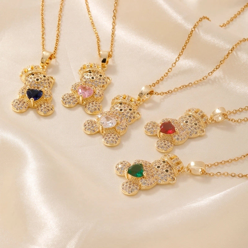 304 Stainless Steel Copper Rhodium Plated Inlay Bear Heart Shape Glass Zircon Pendant Necklace