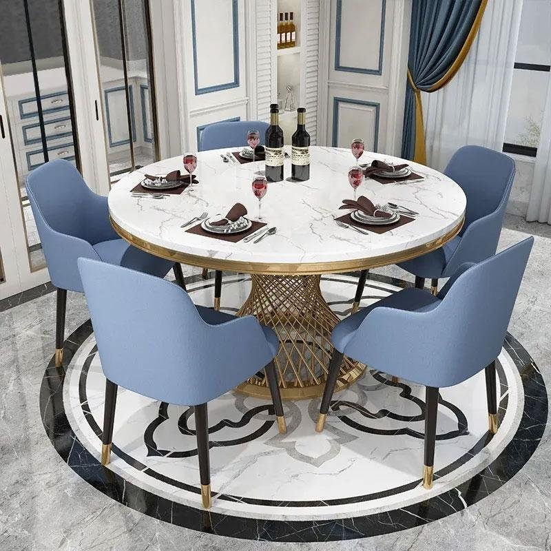 Modern 51 Round Pedestal Dining Table Faux Marble Tabletop Golden Stainless Steel Frame Chairs Not Modern 51 Round Pedestal Dining Table, Faux Marble Tabletop
