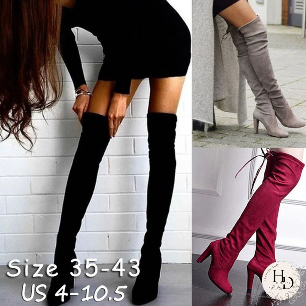 New Women's Over Knee High Boot Lace Up High Heel Faux Suede Long Thigh Boots Shoes Black Gray Red Plus Size