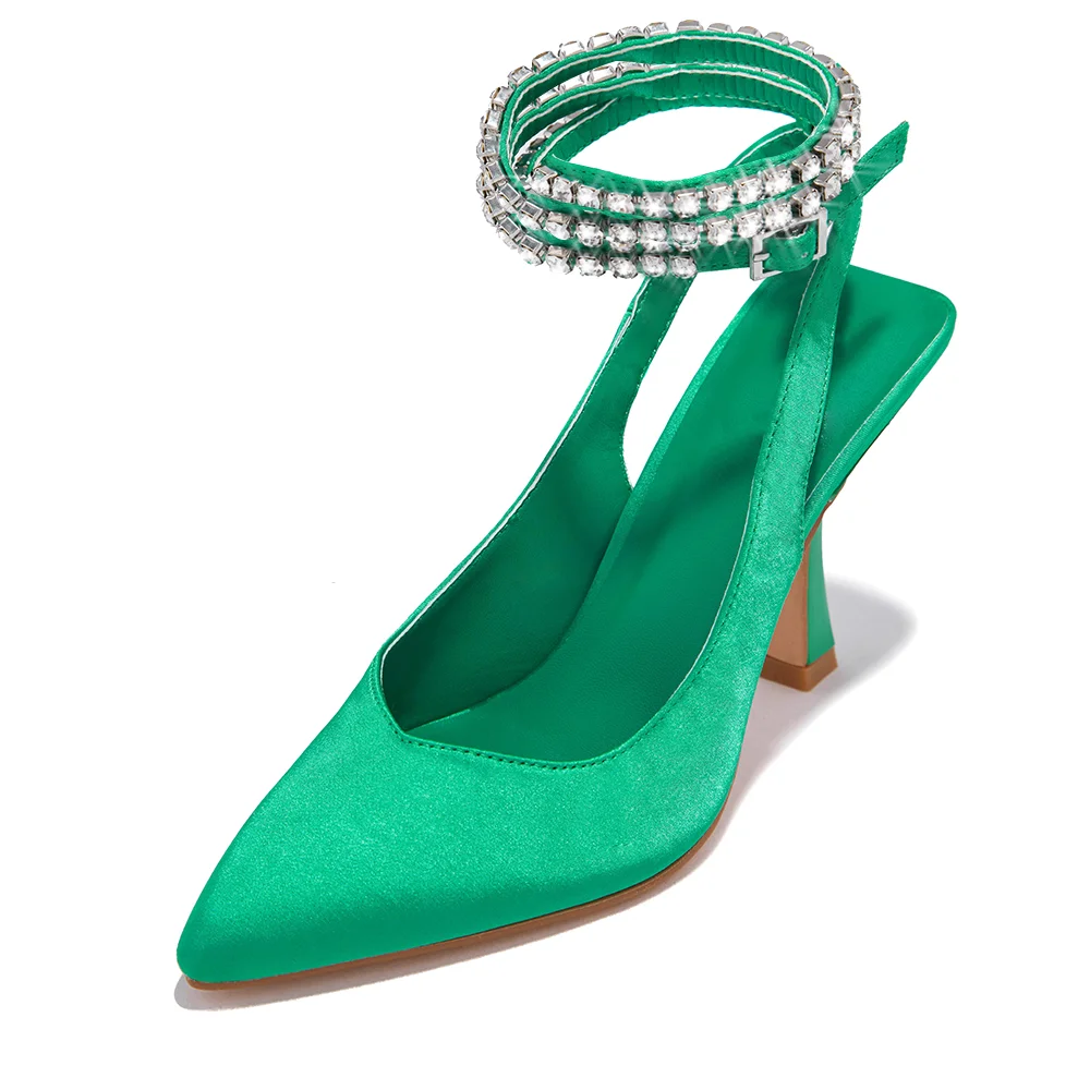 Green Pointed Toe Satin Pumps Slingback Ankle Strap Rhinestone Stiletto Heel Nicepairs