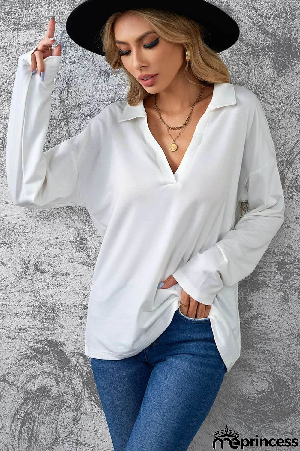 White Turn-down V Neck Long Sleeve Top