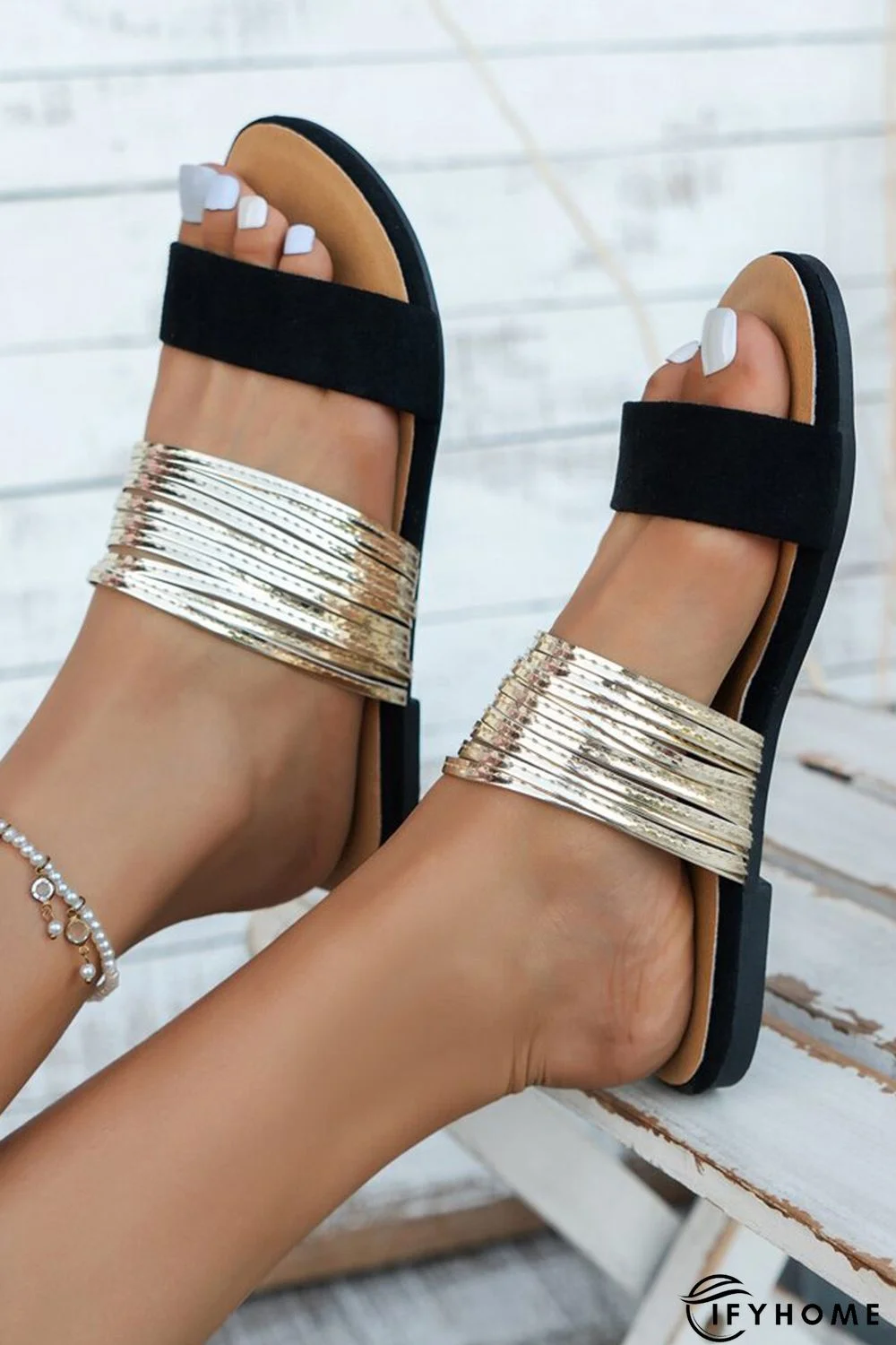 Black Suede Metallic Two Tone Flat Slippers | IFYHOME