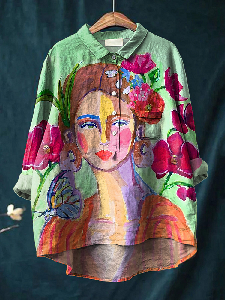 Women s  Oil Painting WomanPattern Casual Cotton And Linen Shirt