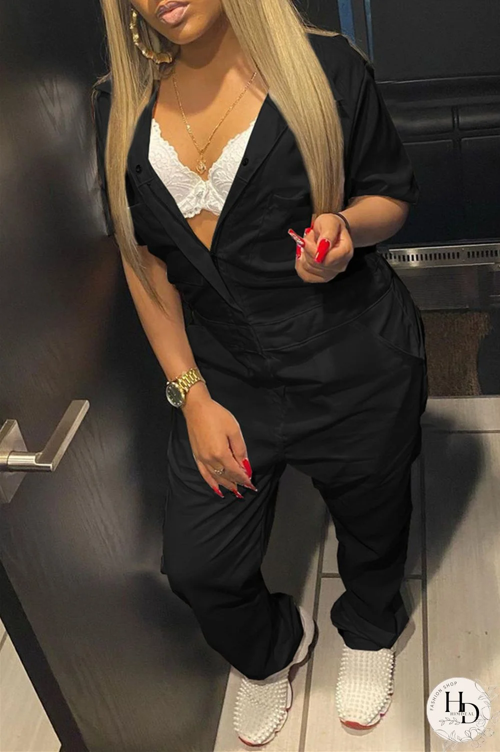 Grey Fashion Casual Solid Basic Turndown Collar Regular Jumpsuits