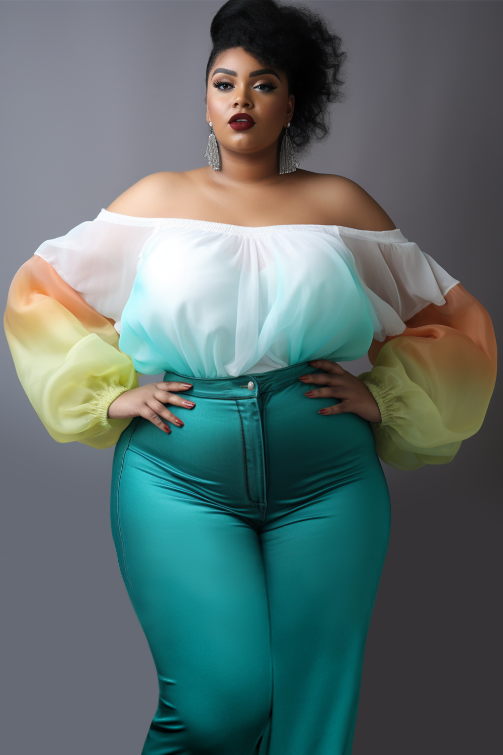 Design Plus Size Semi Formal Multicolor Gradient Off The Shoulder Lantern Sleeve Long Sleeve Organza Blouses [Pre-Order]