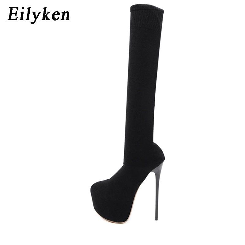 Eilyken 17CM Platform Heels Boots Woman Over Knee Winter Boot Womens Black knitting Shoes Thigh High Socks Boots Lady Shoes