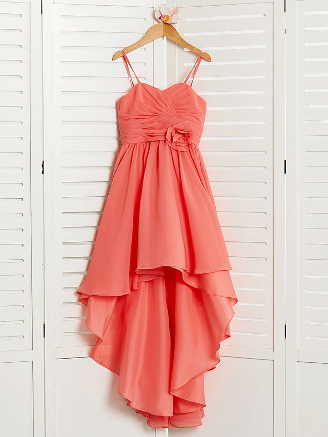 Oknass A-Line Spaghetti Strap Chiffon Flower Girl Dress Asymmetrical Tea Length With Pleats Tier