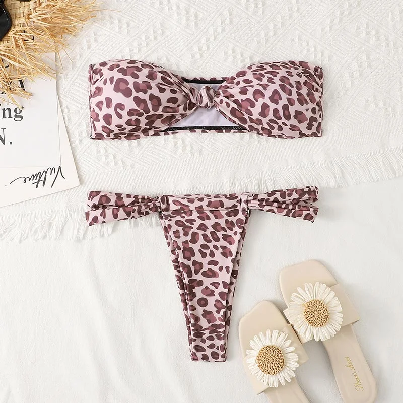 Bikinis 2022 Sexy Floral Swimsuit Woman Green Color Swimwear Micro Thong High Cut Bikini Set Strapless Biquini Bathing Suits