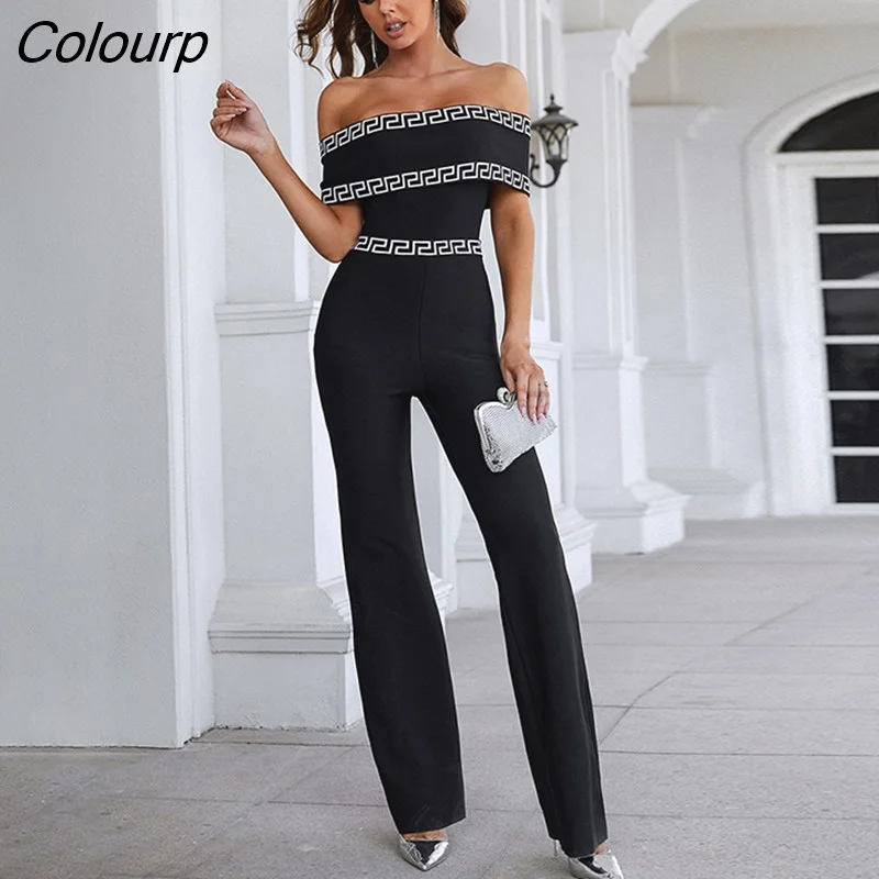 Colourp Quality 2022 New Black Off The Shoulder Bodycon Rayon Bandage Sexy Evening Party Jumpsuit