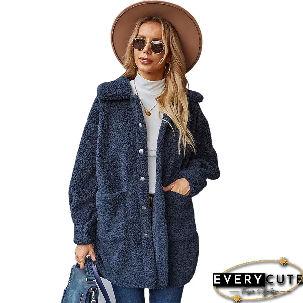 Navy Blue Double-sided Velvet Buttoned Plush Warm Coat