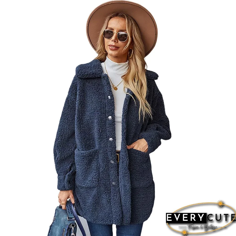 Navy Blue Double-sided Velvet Buttoned Plush Warm Coat