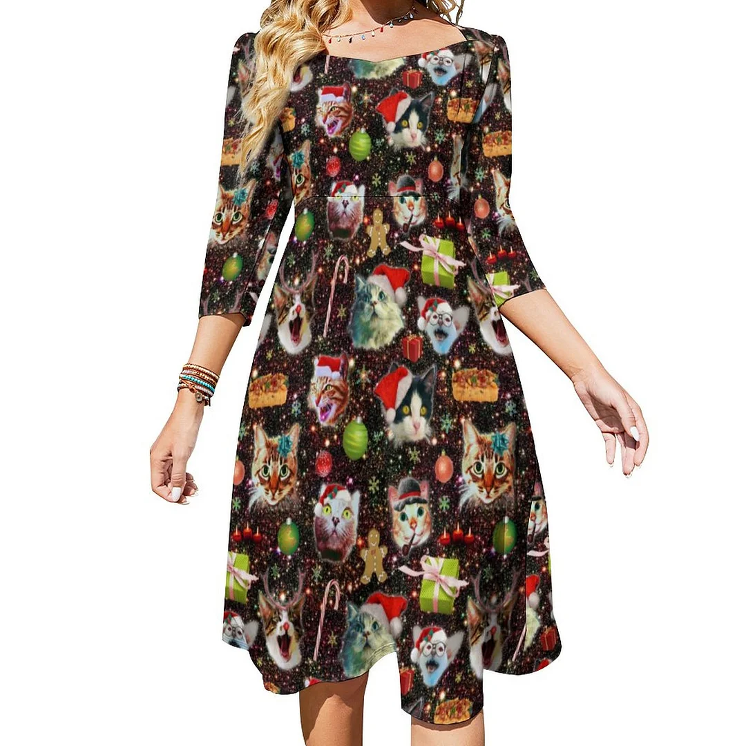 Christmas Cats In Space Galaxy Stars Funny Holiday Dress Sweetheart Tie Back Flared 3/4 Sleeve Midi Dresses