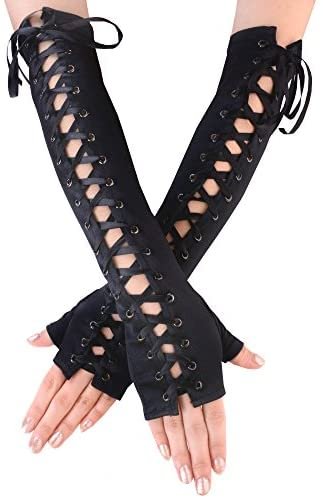 Womens Fingerless Gloves Elbow Lace Up steampunk Arm Warmer Halloween Costume Novameme