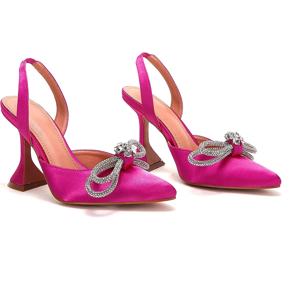 95mm Womens Heeled Sandals Point Toe Slingback Rhinestones Bowknot Crystal Party Wedding Dressy Shoes-vocosishoes