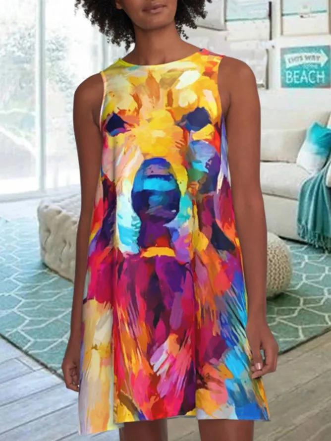 Multicolor Sleeveless Animal A-Line Dresses