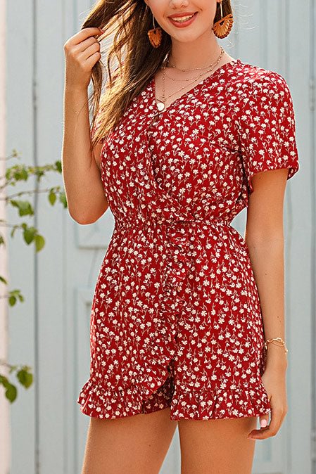 Ruffle Trim Frilled Waist Floral Romper - Life is Beautiful for You - SheChoic