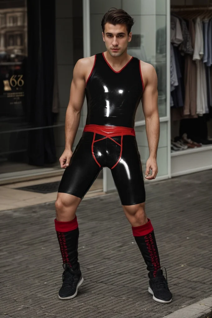 Men's Latex Bodysuits V-Neck Singlet Latex Short Suit Vest & Shorts Set - Sporty & Sleek