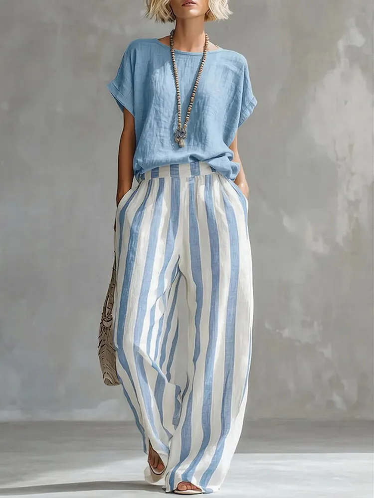Plus Size Solid Color Round-Neck T-Shirts + Striped Pockets Contrast Color High Waisted Pants Trousers Two Pieces Set