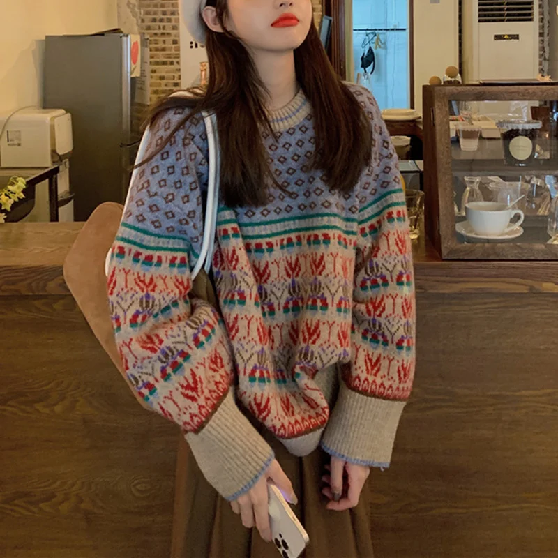 Toloer Toloer And Winter French Retro Jacquard Wear Jacket Loose Lazy Wind Long Sleeve Knit Bottom Shirt Foreign Style Sweater Female-Outfit Ideas