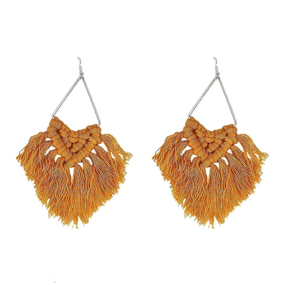 Dvacaman Bohemian Rainbow Handmade Macrame Earrings for Women Cotton Thread Feather Fringe Tassel Dangle Earrings Ethnic Jewelry