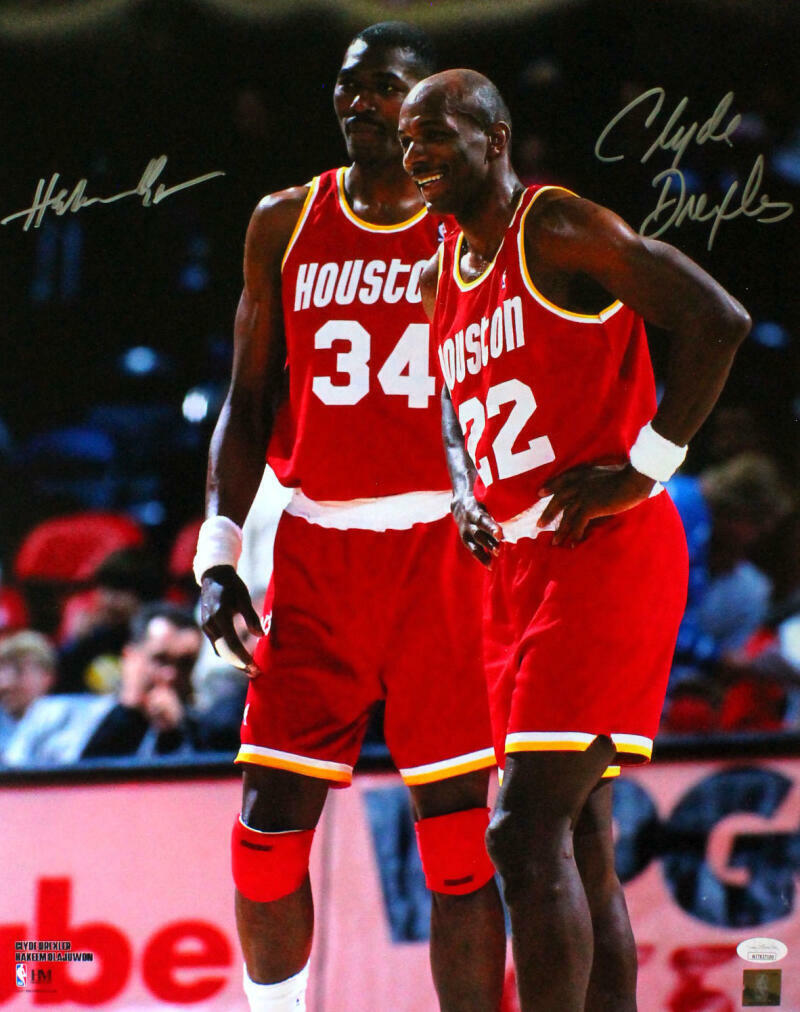 Drexler/Olajuwon Houston Rockets Autographed 16x20 Red JSY Photo Poster painting- JSA W *Silver