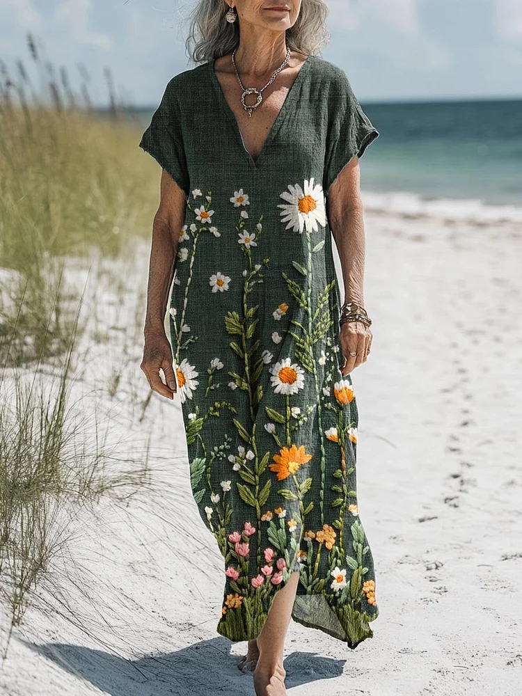 Women's Vintage Lovely Floral Art Print Pocket Cotton Dress