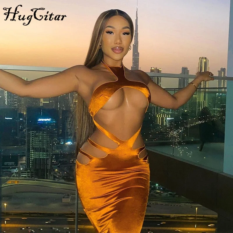 Hugcitar Shine Sleeveless Bodycon Hollow Out Mini Sexy Dress 2021 Autumn Winter Women Fashion Outfit Y2K Slim Streetwear