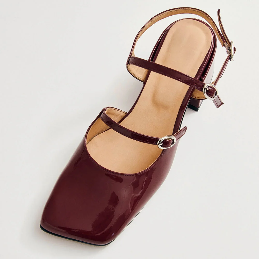 Maroon Patent Leather Square Toe Buckle Strappy Pumps With Chunky Heels Nicepairs