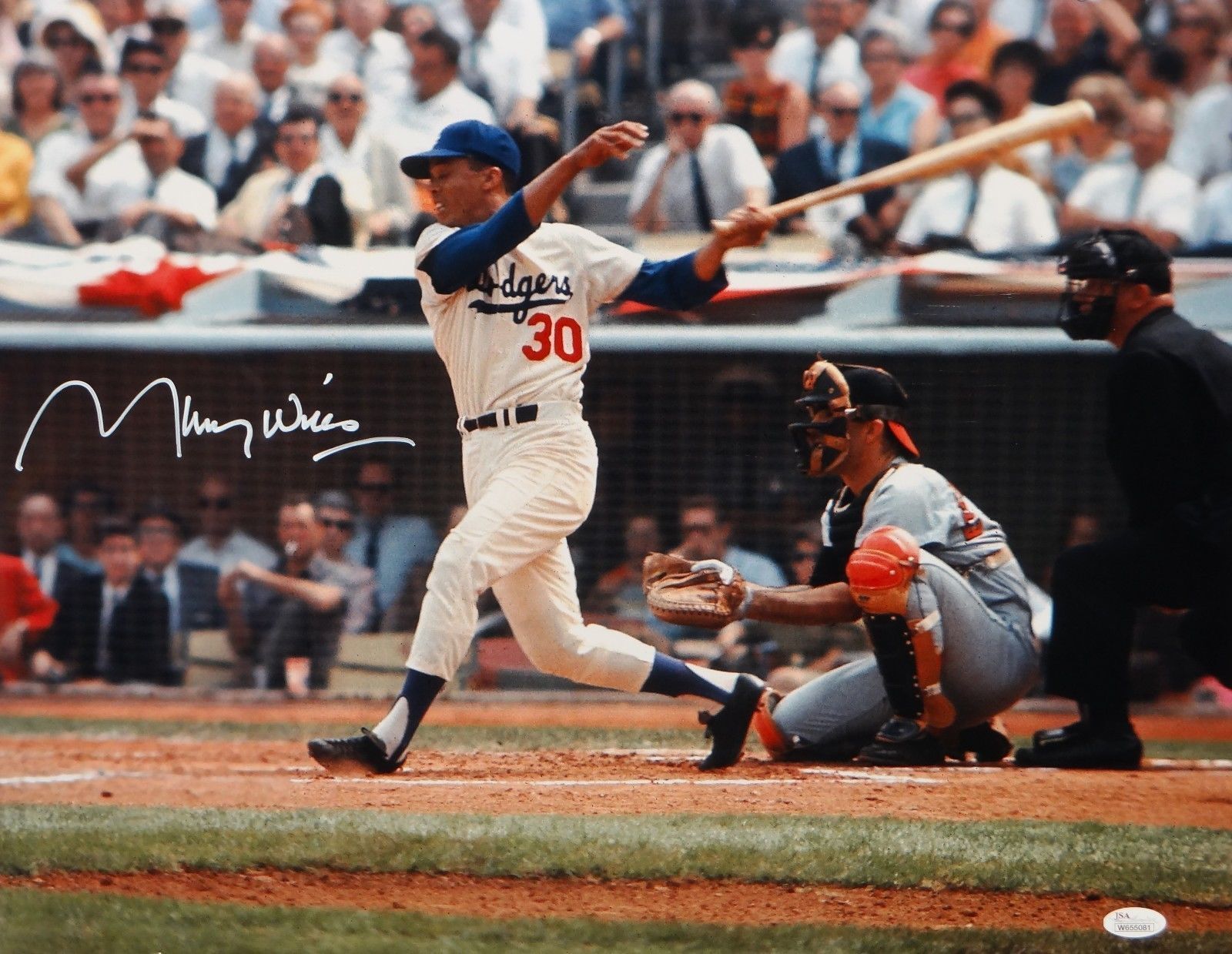 Maury Wills Autographed LA Dodgers 16x20 Swinging Photo Poster painting- JSA W Auth