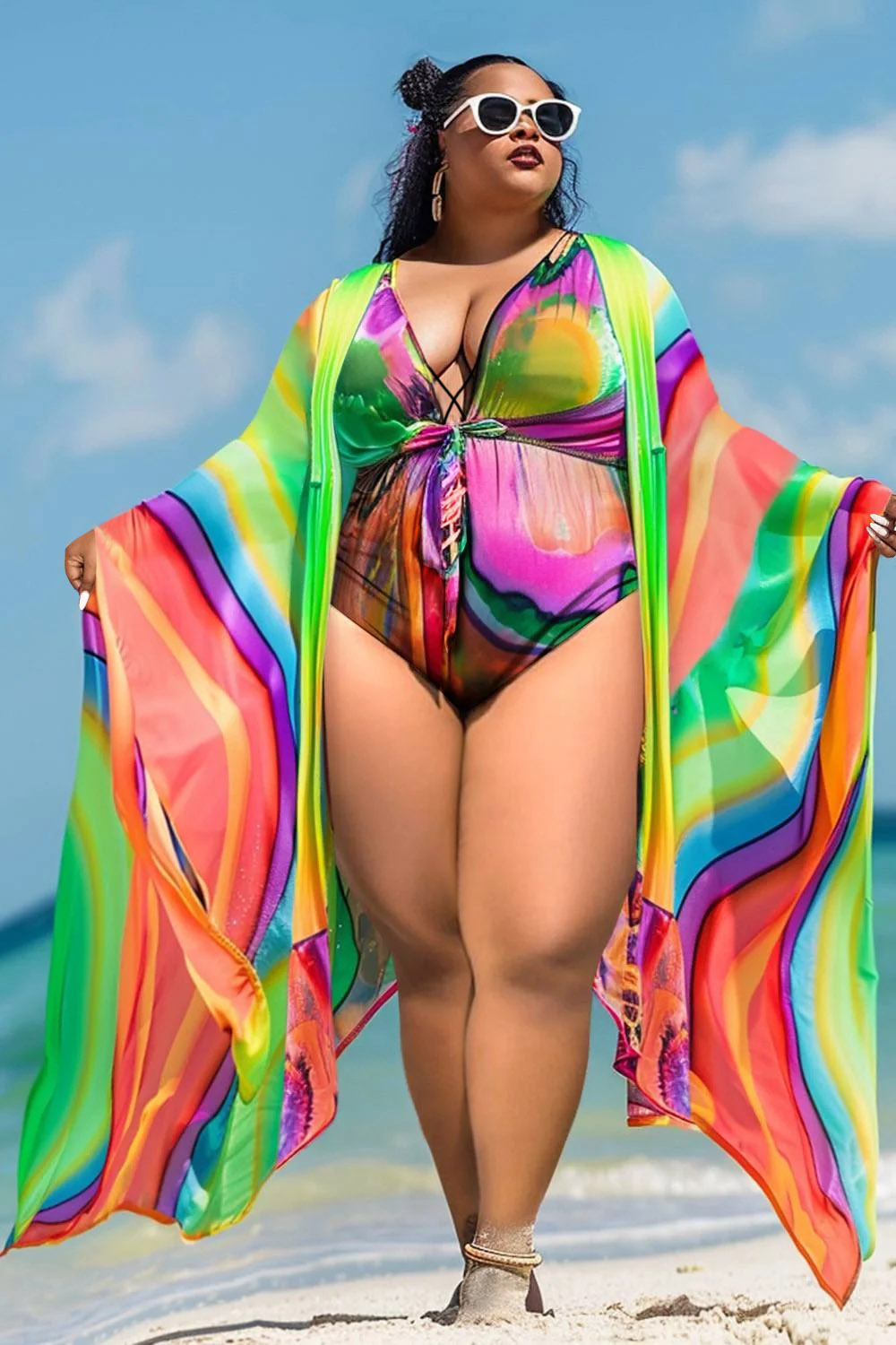 Xpluswear Design Plus Size Beach Multicolor Colorblock Swimsuit Fabric Two Pieces Swimsuit Cover Ups Set