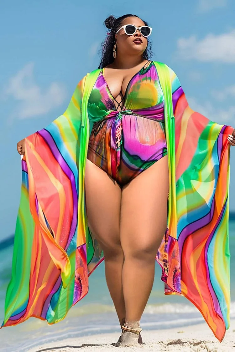 Xpluswear Design Plus Size Beach Multicolor Colorblock Swimsuit Fabric Two Pieces Swimsuit Cover Ups Set [Pre-Order]