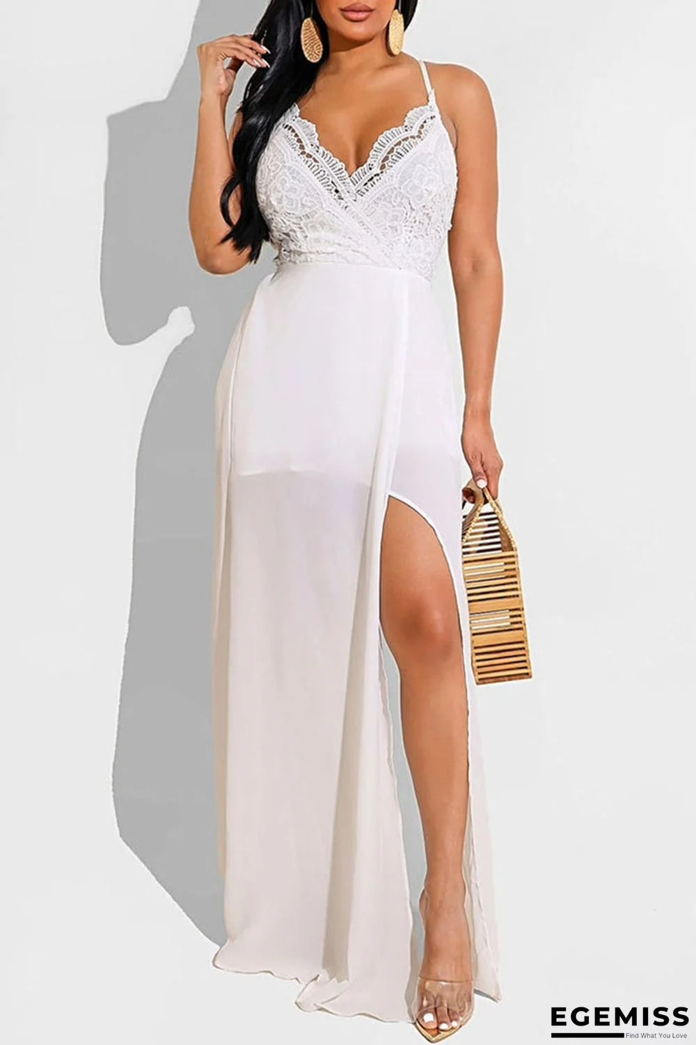 White Sexy Solid Patchwork Spaghetti Strap Sling Dress Dresses | EGEMISS