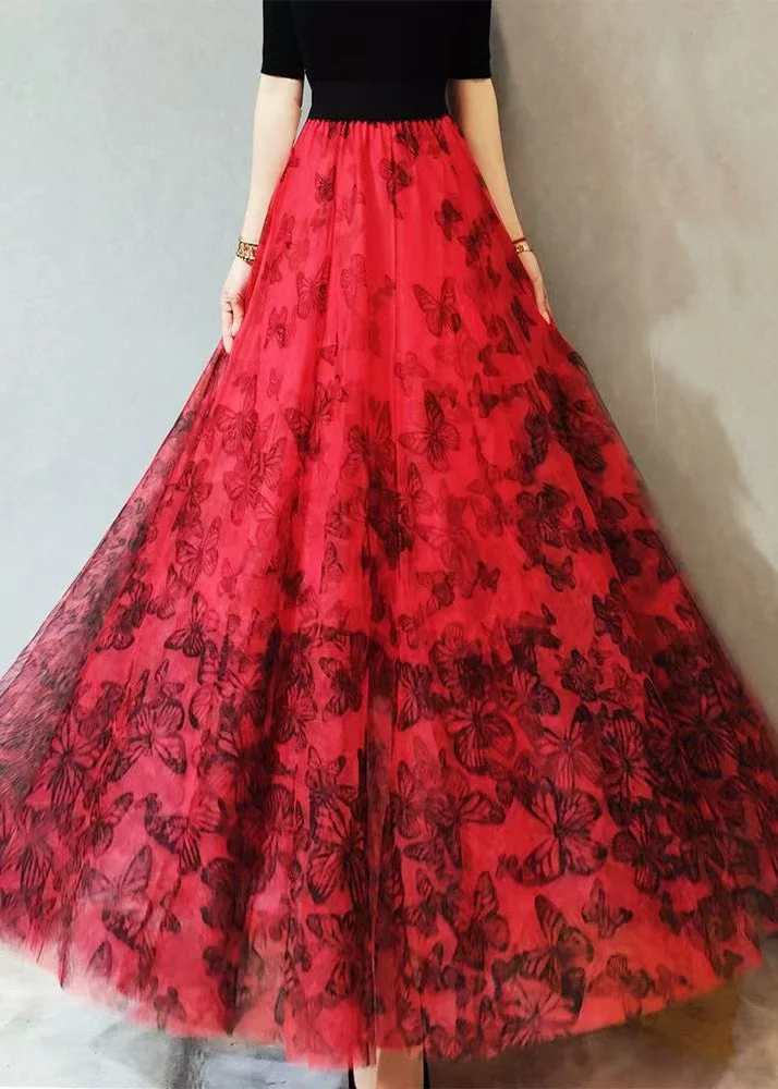 Loose Red Butterfly Elastic Waist Tulle Skirts Summer